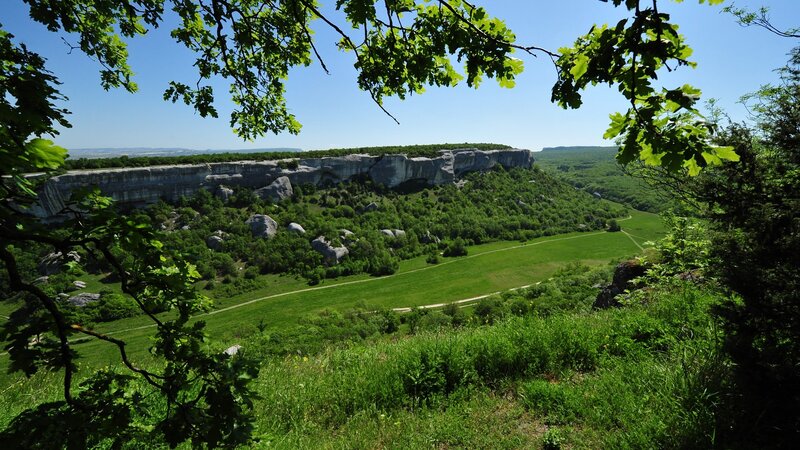 Green valley with rocky cliff