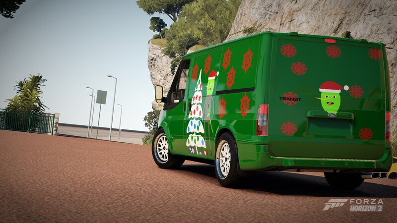 Green Van with Holiday Graphics