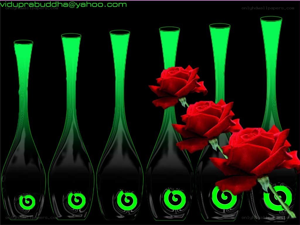 green vases with red roses