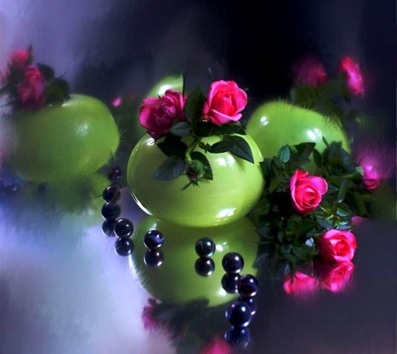 Green Vases with Roses — Dramatic