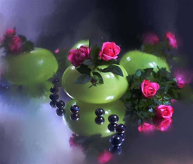 Green Vases with Roses
