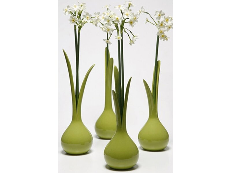 green vases with white flowers