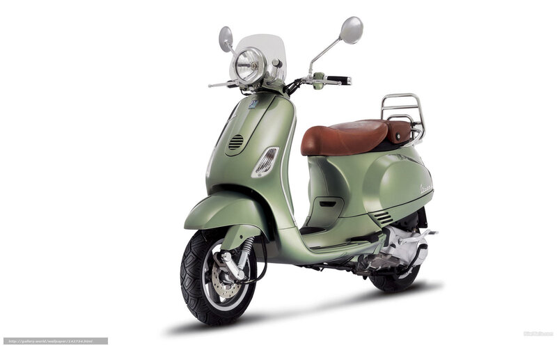 Green Vespa Scooter — Neutral, Photograph, Brown Seat, Rear Rack, Windshield