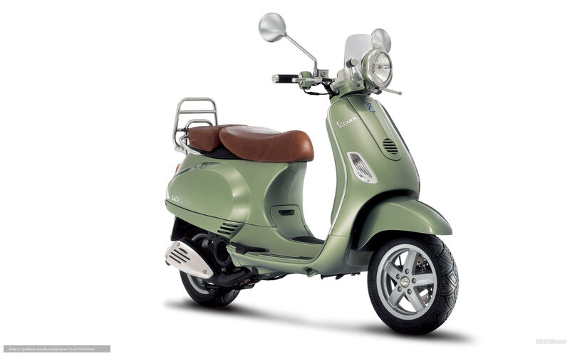 Green Vespa Scooter — Neutral, Photograph, Brown Seat, Silver Mirrors
