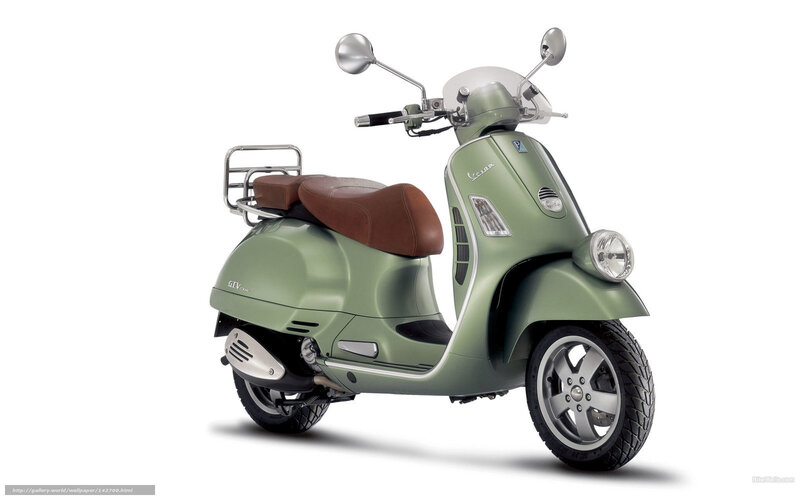 Green Vespa Scooter — Neutral, Photograph, Brown Seat