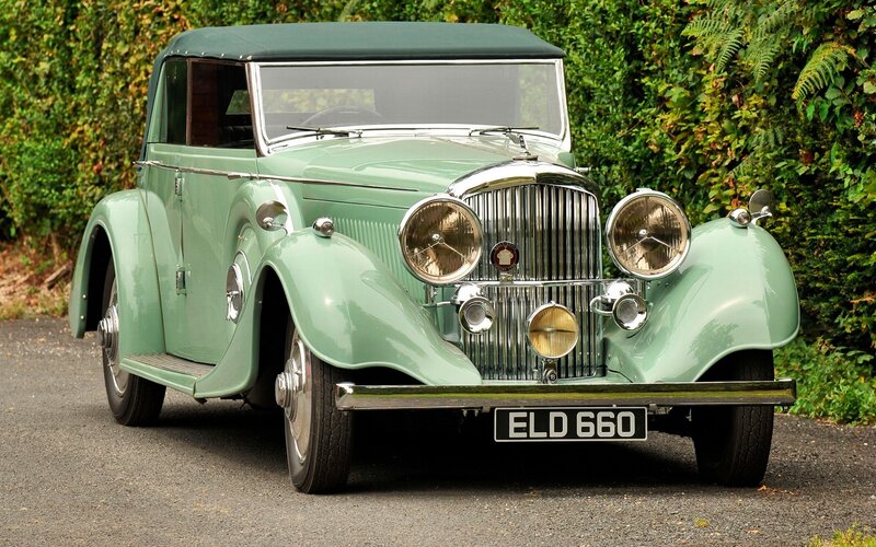 Green Vintage Car — Calm, Afternoon, Photograph, Hedge