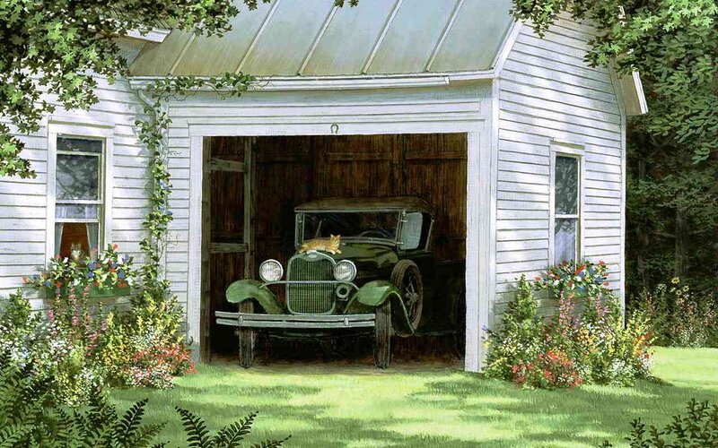 Green Vintage Car in Garage