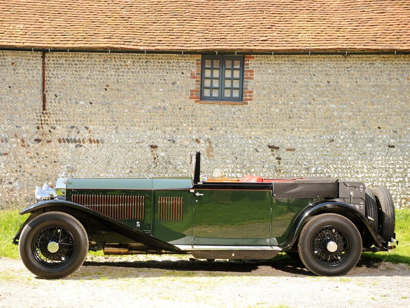 Green Vintage Car — Serene, Afternoon, Photograph, Stone Building