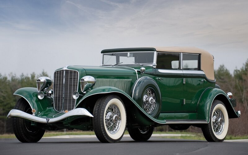 Green Vintage Car — Serene, Afternoon, Photograph, Trees, Sky, Road