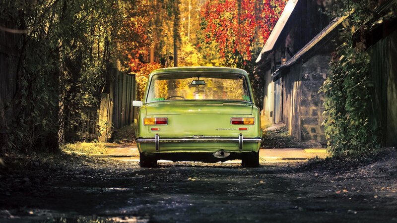 Green Vintage Car — Serene, Autumn, Photograph