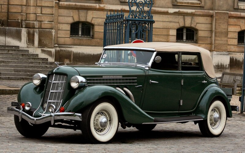 Green Vintage Convertible — Calm, Afternoon, Photograph, Building
