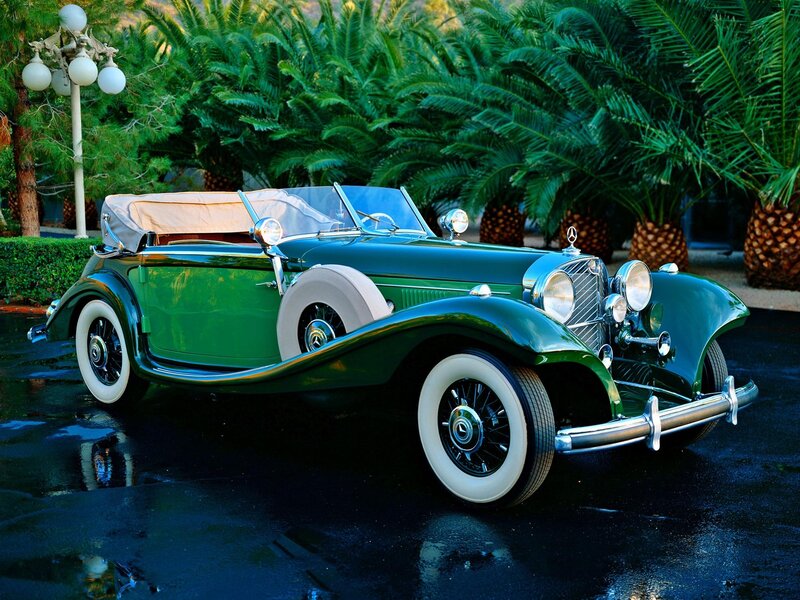 Green Vintage Convertible — Serene, Afternoon, Photograph, Palm Trees