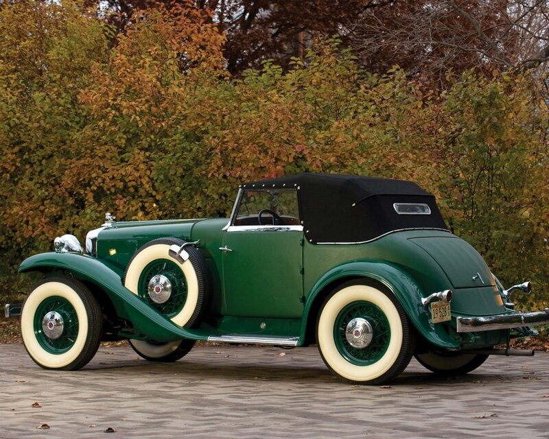 Green Vintage Convertible — Serene, Autumn, Photograph, Trees