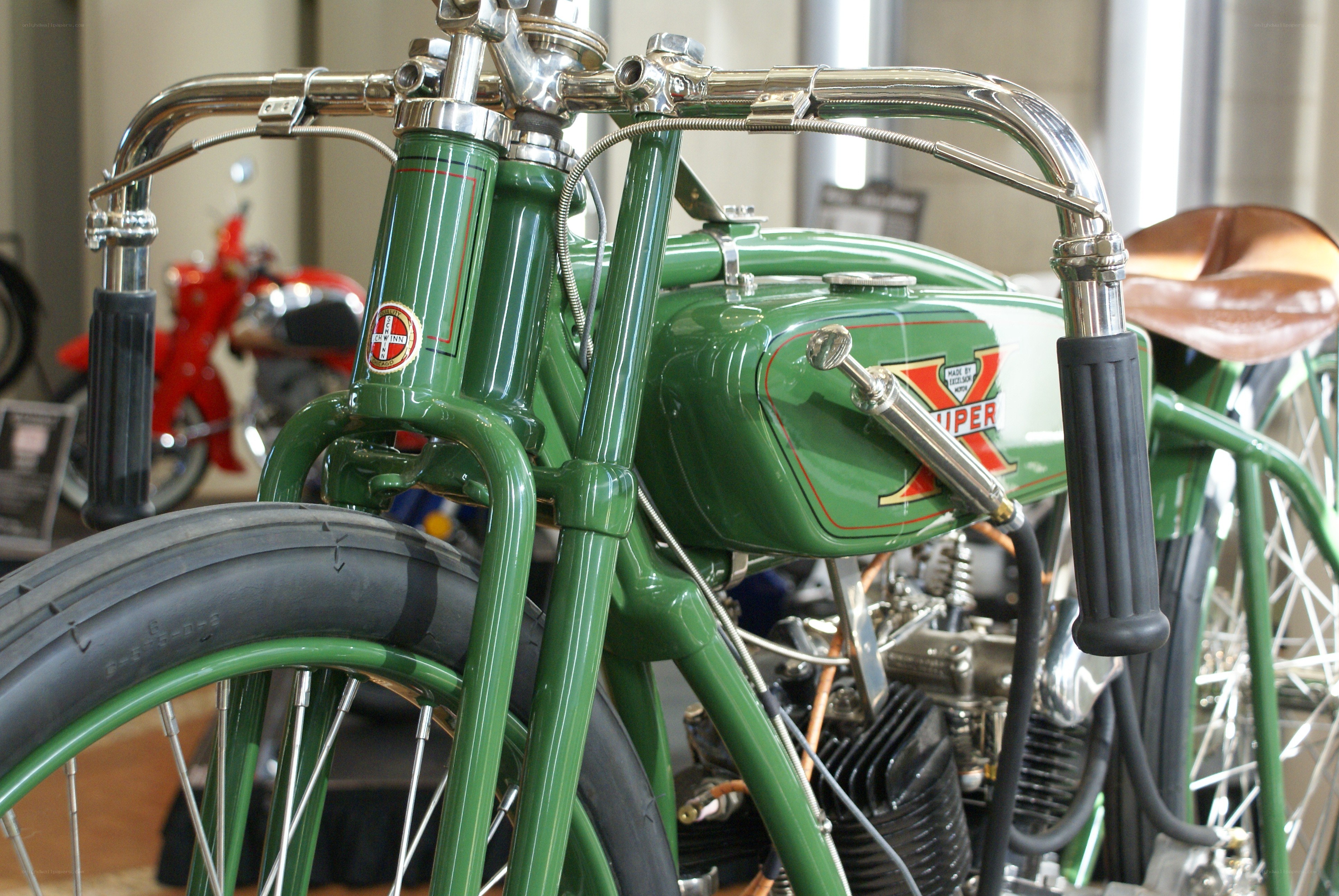 Green vintage motorcycle front view