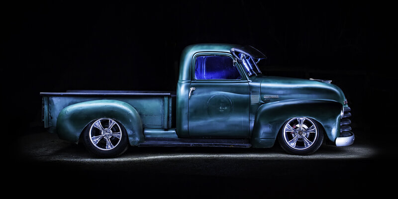 Green Vintage Pickup Truck — Dramatic, Night