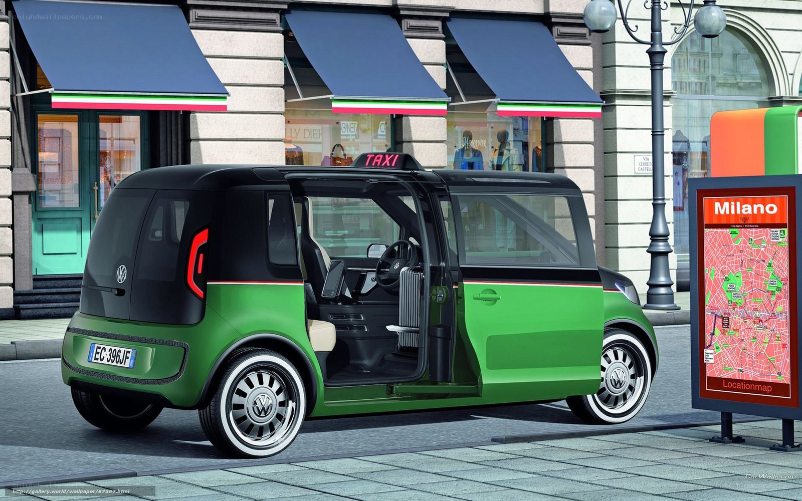 Green Volkswagen Taxi in Milan