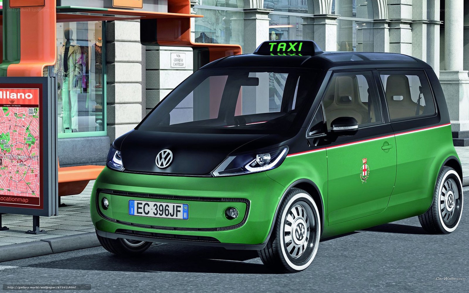 Green Volkswagen taxi in Milan