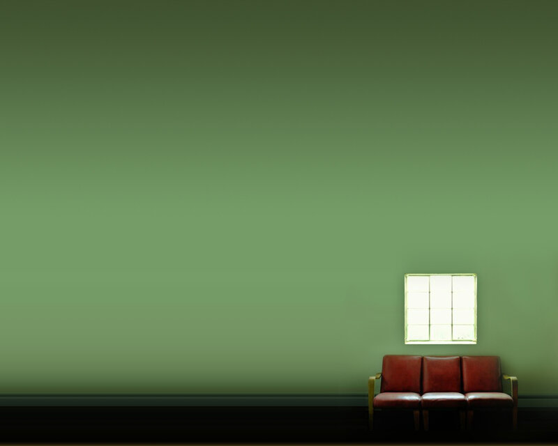 Green wall with red bench