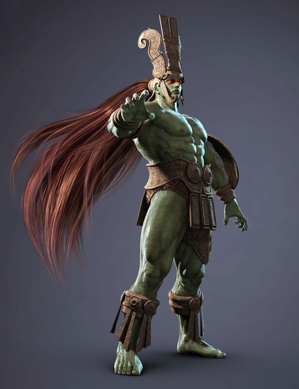 green warrior with long hair