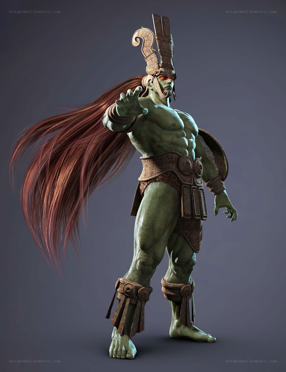 green warrior with long hair