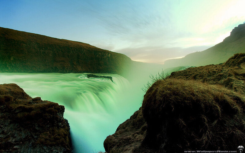 Green Waterfall in Canyon — Dramatic