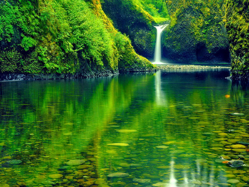 Green Waterfall in Canyon — Serene