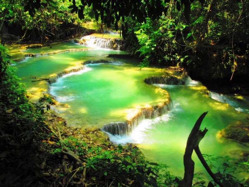 Green Waterfall in Forest — Serene, Afternoon, Photograph, River