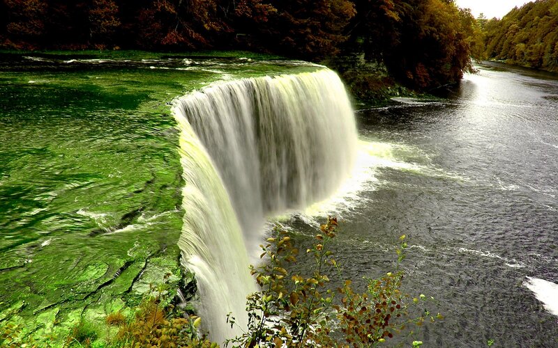 Green Waterfall in Forest — Serene, Autumn