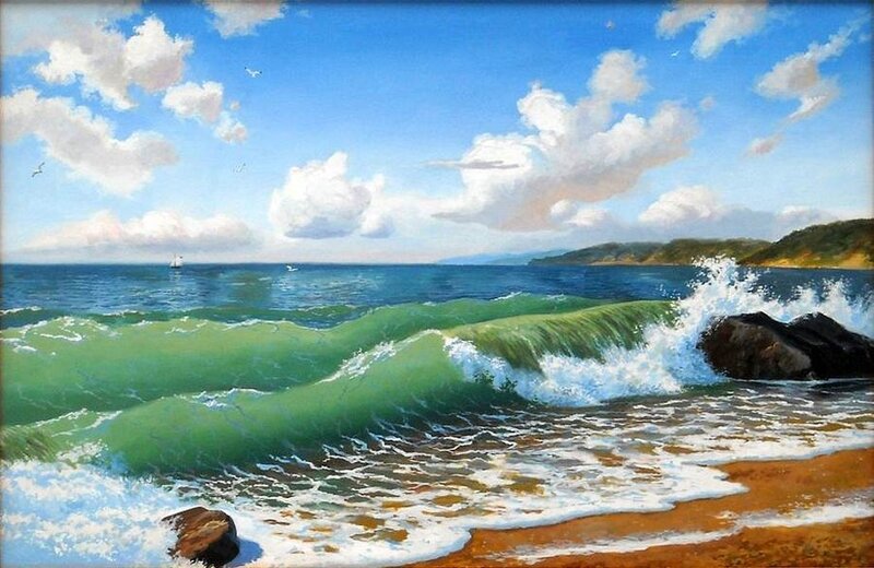 Green Wave Crashing on Beach
