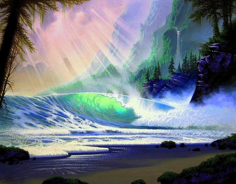 Green Wave Crashing on Shore — Dramatic, Sunset