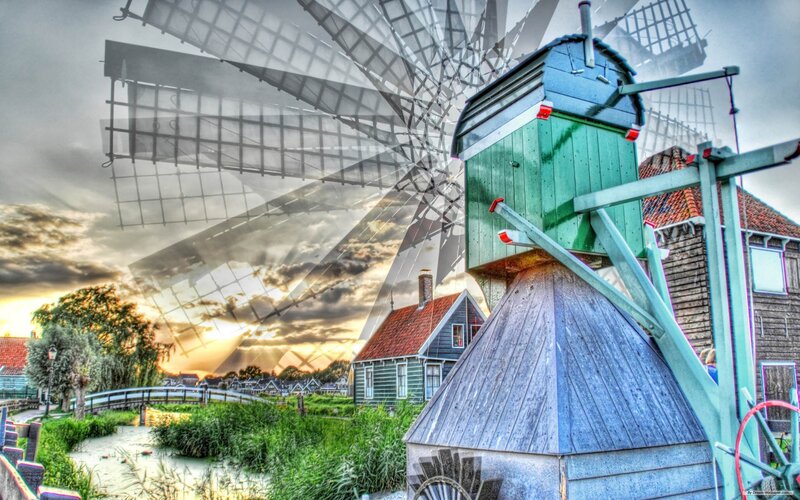 Green Windmill at Sunset
