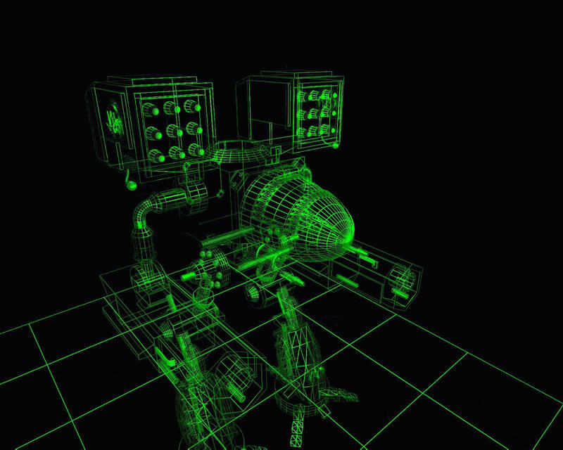 green wireframe robot model