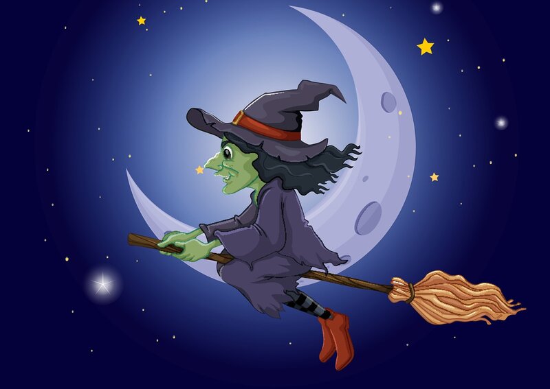 Green Witch on Broom — Blue