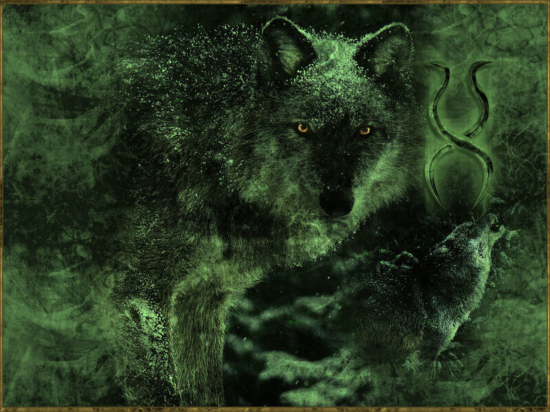 green wolf with glowing eyes
