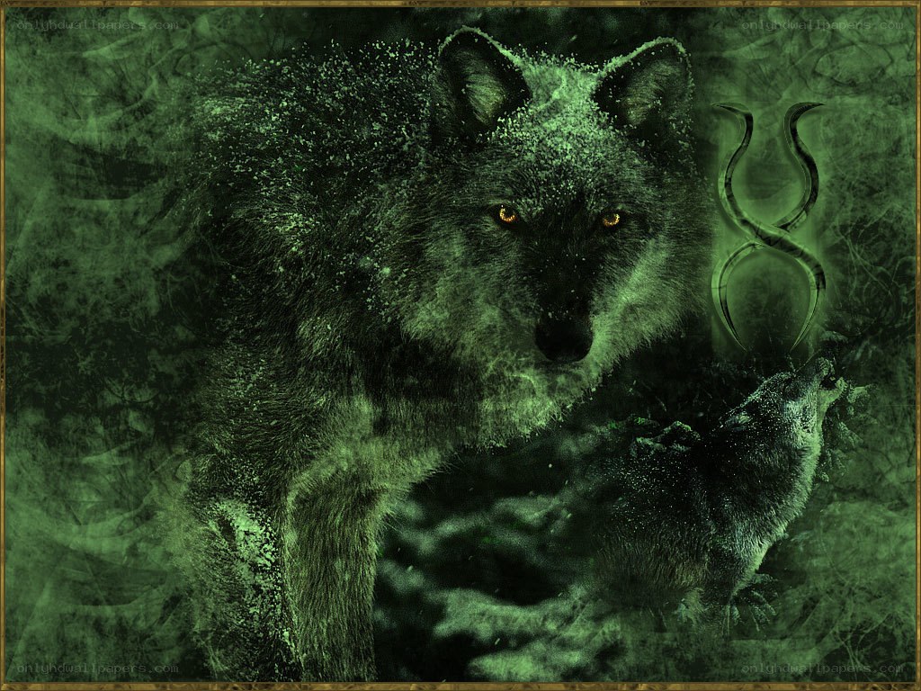 green wolf with glowing eyes