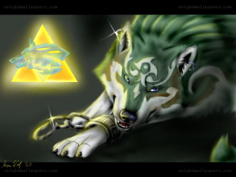 green wolf with Triforce symbol