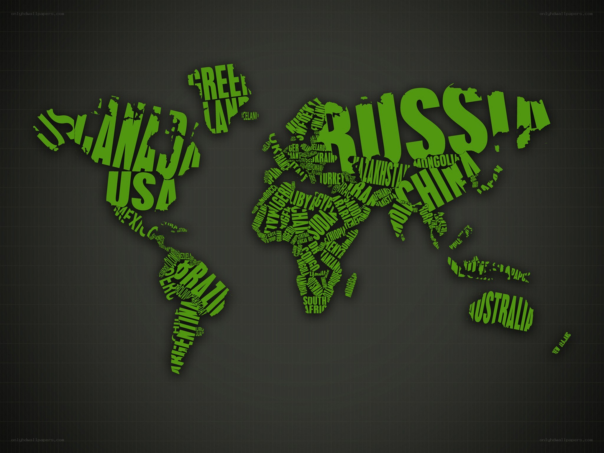 Green world map with country names