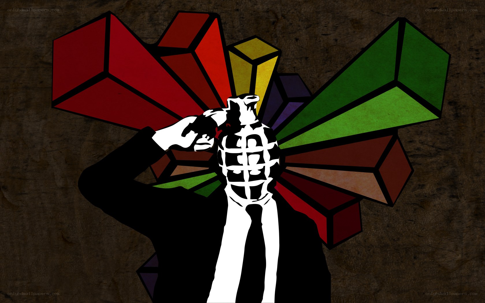 Grenade-wielding figure with colorful cubes