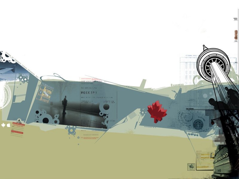 Greyhound bus collage with Canadian symbols
