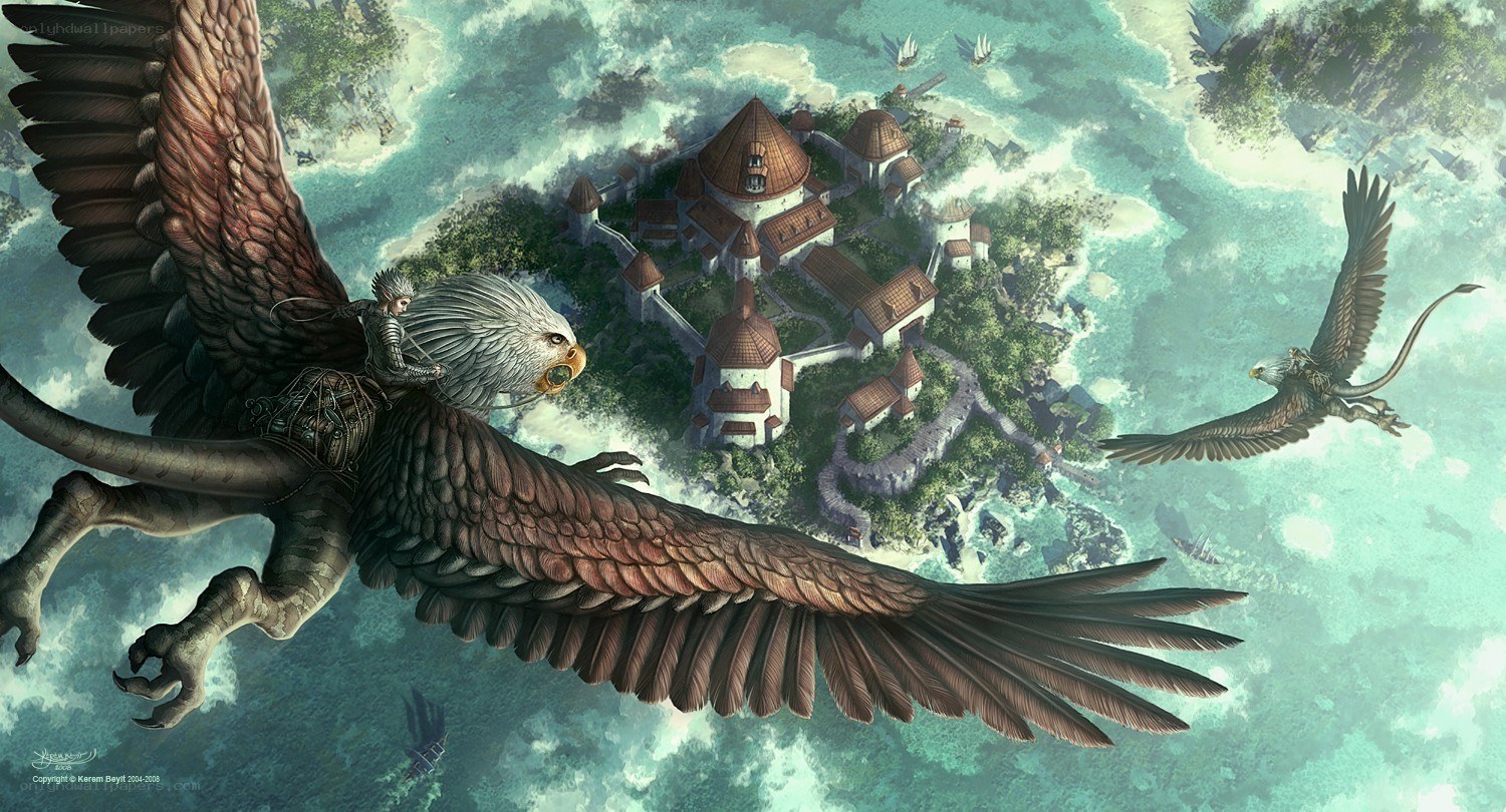 Griffin flying over island castle