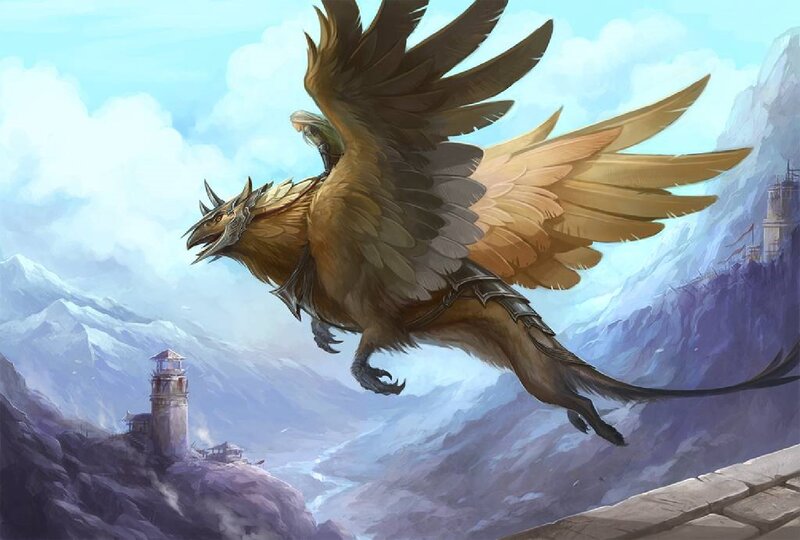 Griffin Flying over Mountains — Blue, Dramatic