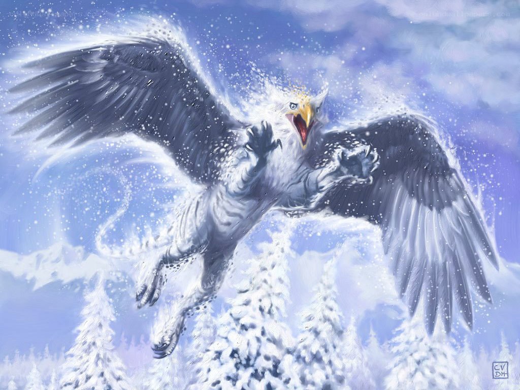 griffin in snowy flight