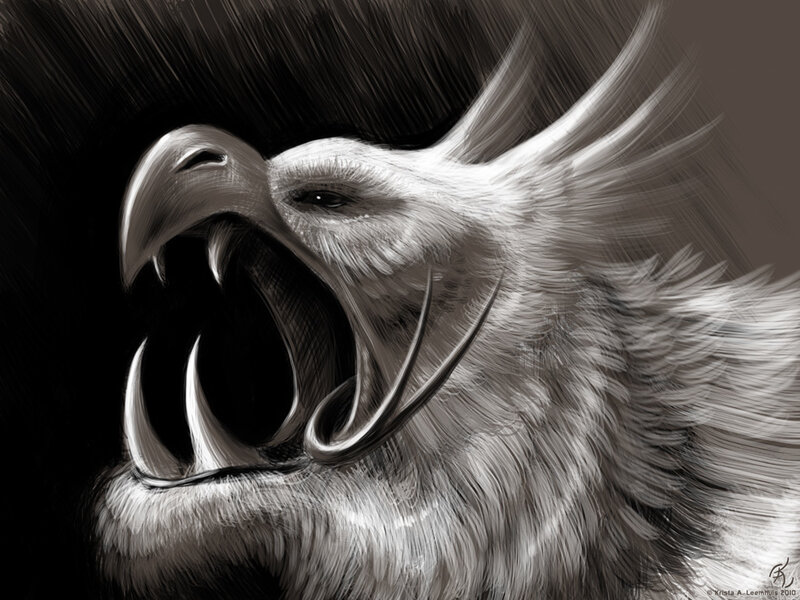 griffin roaring in monochrome