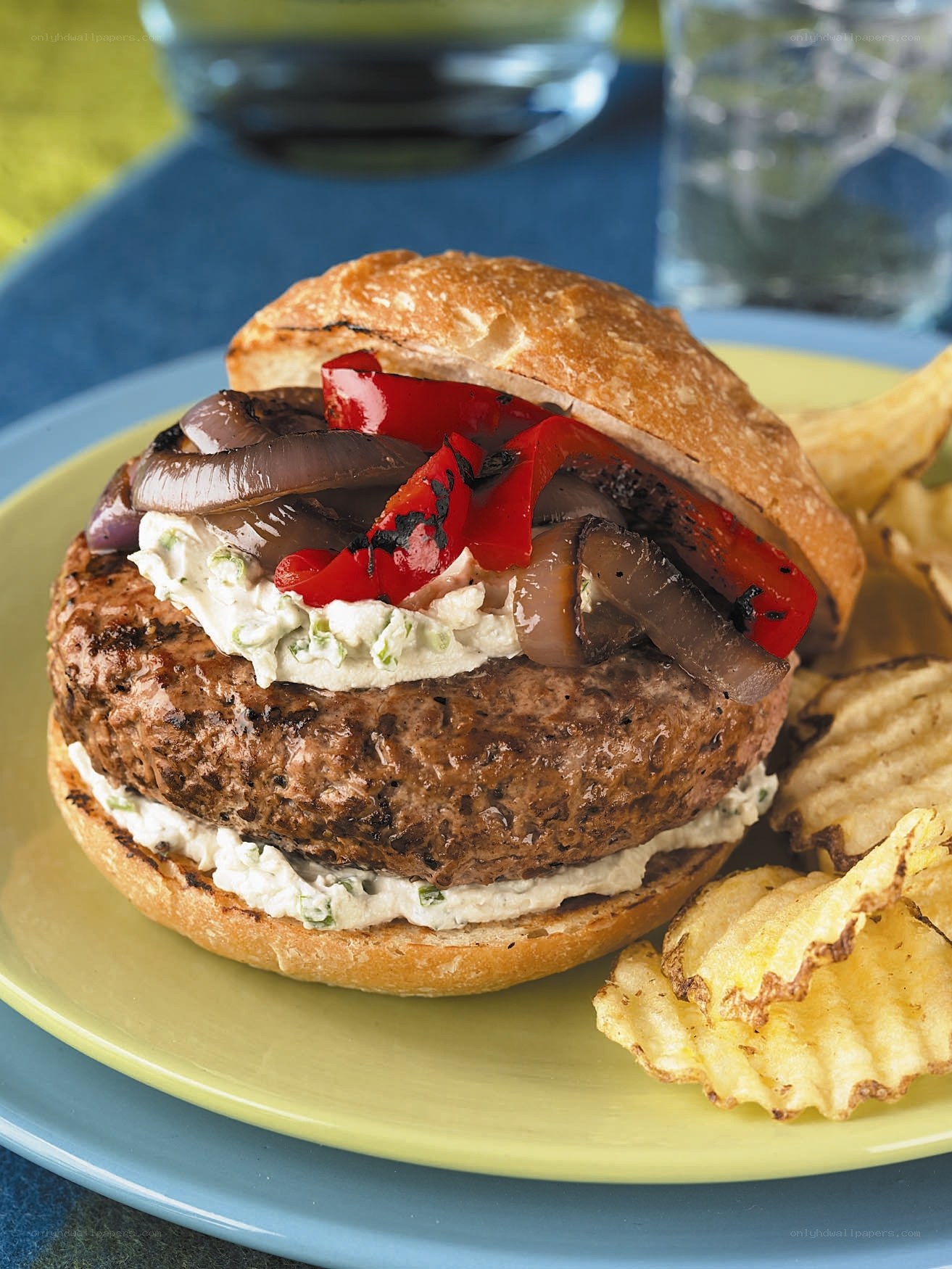 Grilled burger with peppers