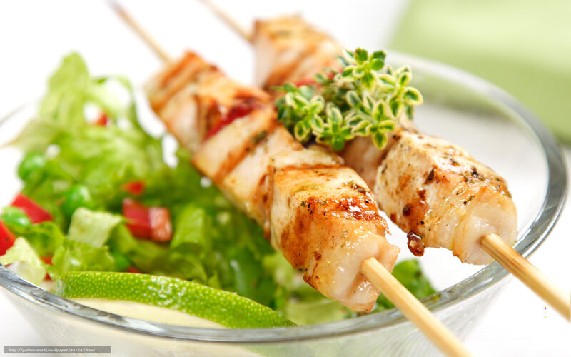 Grilled Chicken Skewers — Green, Fresh, Photograph, Salad