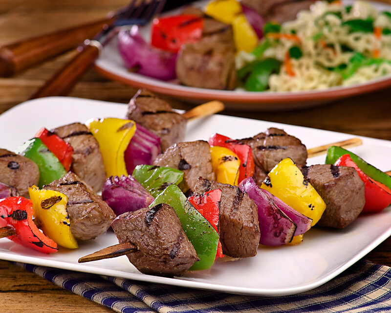 Grilled meat and vegetable skewers