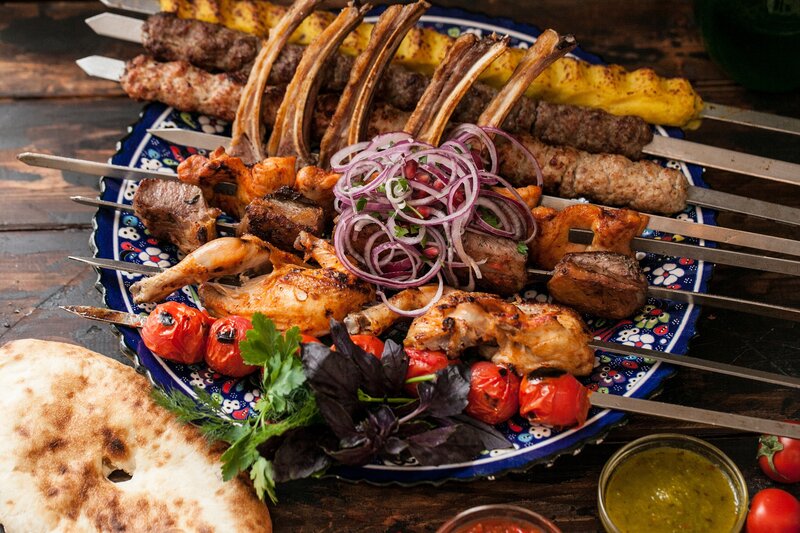 Grilled Meat Skewers — Blue, Appetizing