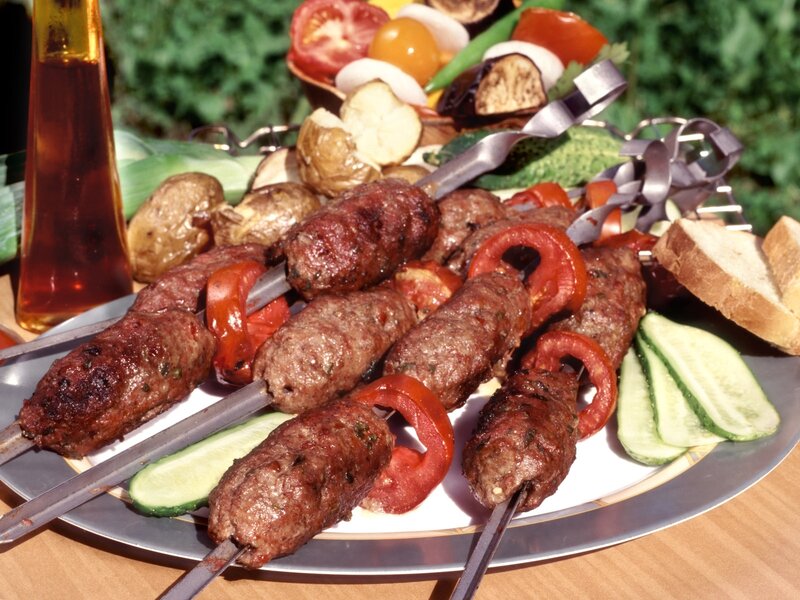 Grilled Meat Skewers — Brown, Appetizing, Afternoon, Photograph, Tomatoes