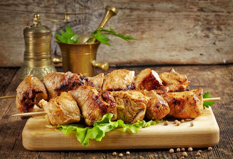 Grilled Meat Skewers — Brown, Appetizing, Photograph, Wooden Board