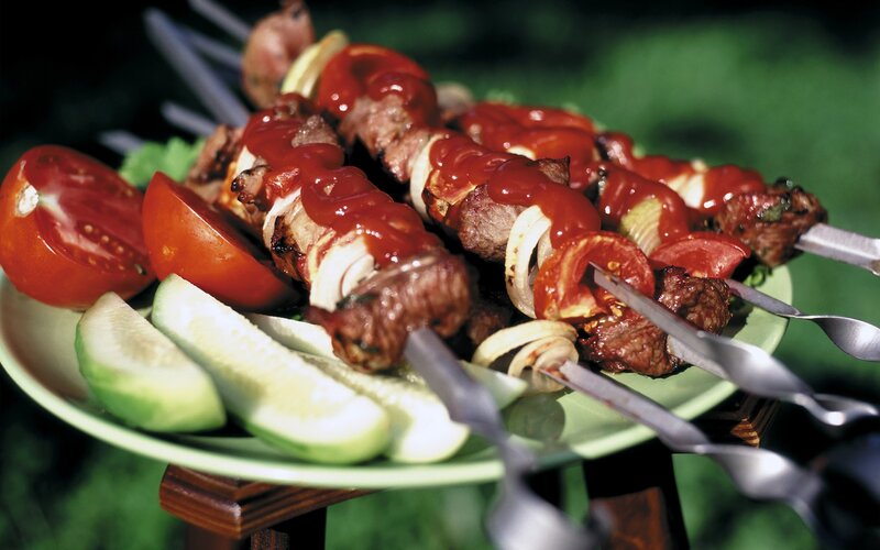 Grilled Meat Skewers — Green, Appetizing, Afternoon